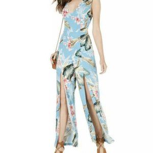 Guess split open leg one piece floral tropical palm Bombay jumpsuit